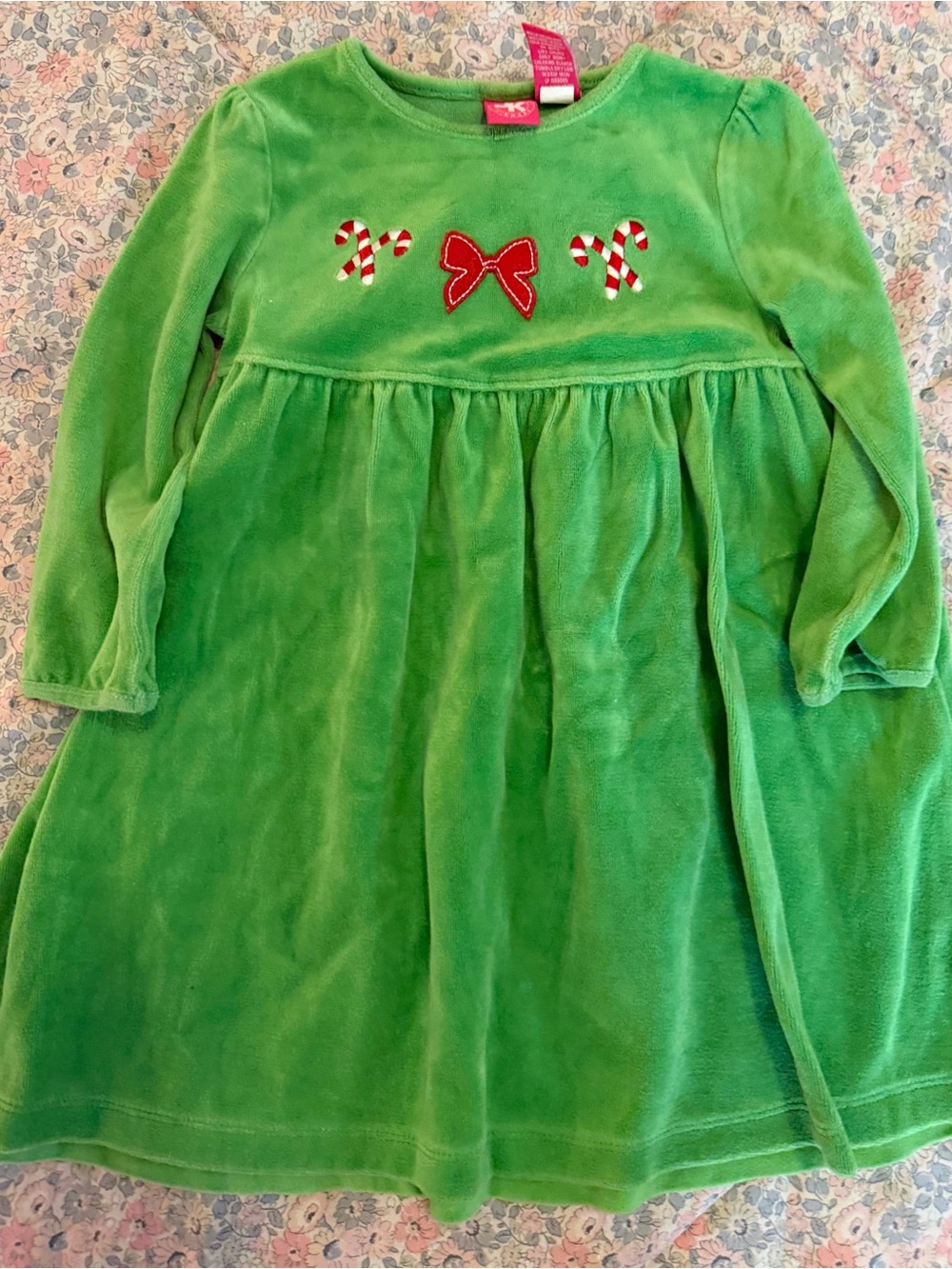 J. Khaki Green Velvet Holiday Dress with Red Bow & Candy Canes